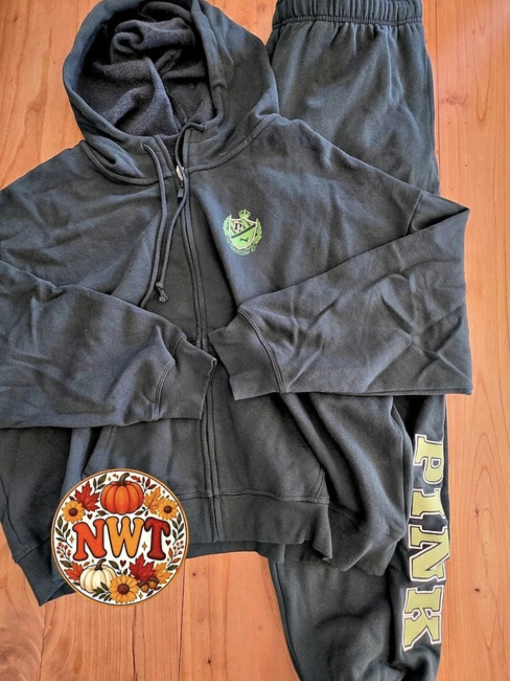 PINK Zip Hoodie & Sweatpants Green Ivy Fleece Set - XL